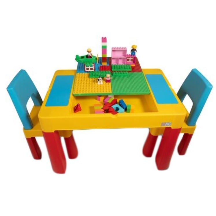 Set masa lego si 2 scaune, cu spatiu de depozitare pentru diferite activitati, picioare antiderapante, multicolor, buz