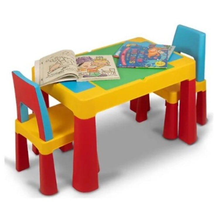 Set masa lego si 2 scaune, cu spatiu de depozitare pentru diferite activitati, picioare antiderapante, multicolor, buz