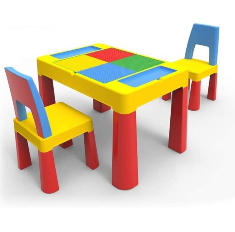 Set masa lego si 2 scaune, cu spatiu de depozitare pentru diferite activitati, picioare antiderapante, multicolor, buz