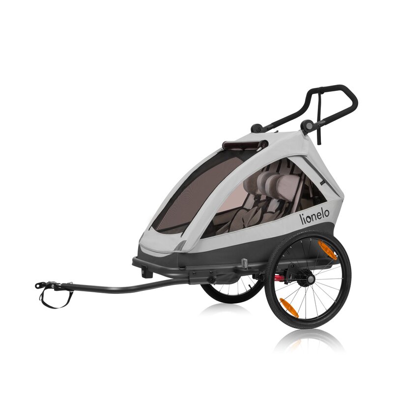 Remorca bicicleta Lionelo Cama, Cu functie de carucior, Pentru 1 sau 2 copii, Sistem de absorbtie a socurilor SIQ, Geamuri cu protectie solara, Gri