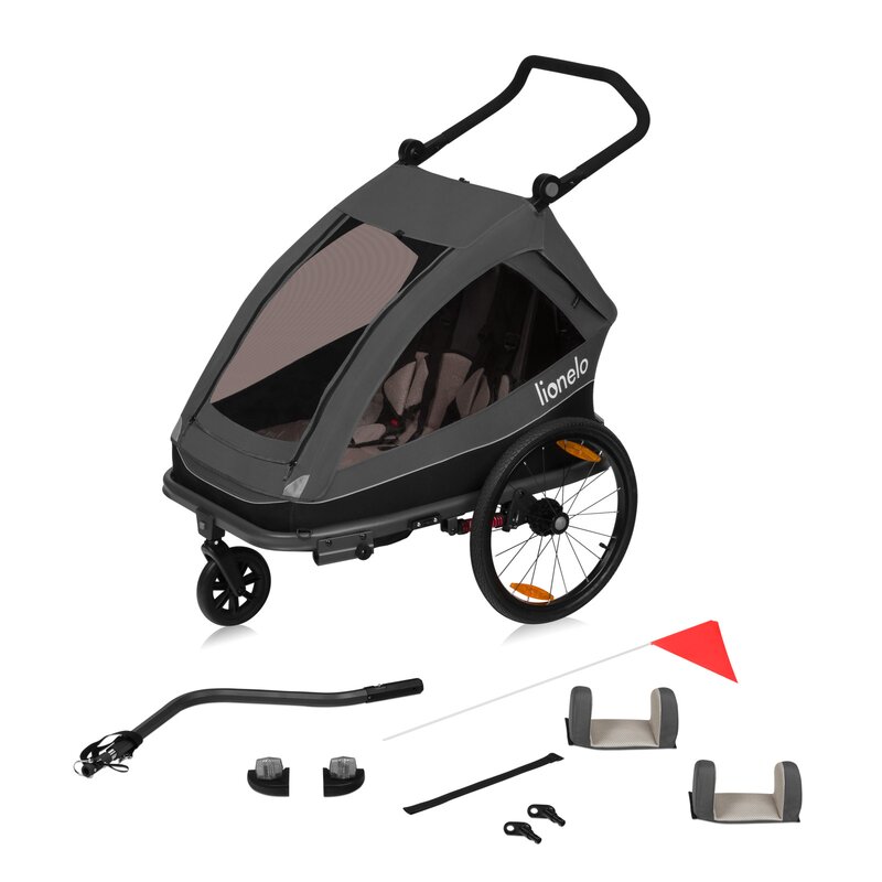 Remorca bicicleta Lionelo Cama, Cu functie de carucior,Pentru 1 sau 2 copii, Sistem de absorbtie a socurilor SIQ, Geamuri cu protectie solara, Negru