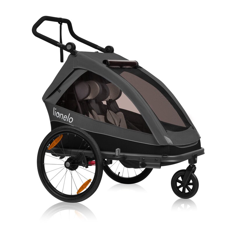 Remorca bicicleta Lionelo Cama, Cu functie de carucior,Pentru 1 sau 2 copii, Sistem de absorbtie a socurilor SIQ, Geamuri cu protectie solara, Negru