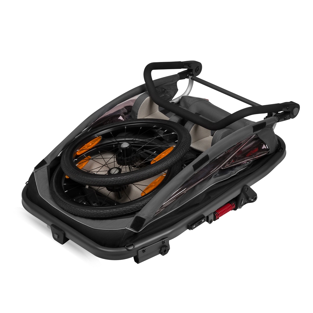 Remorca bicicleta Lionelo Cama, Cu functie de carucior,Pentru 1 sau 2 copii, Sistem de absorbtie a socurilor SIQ, Geamuri cu protectie solara, Negru