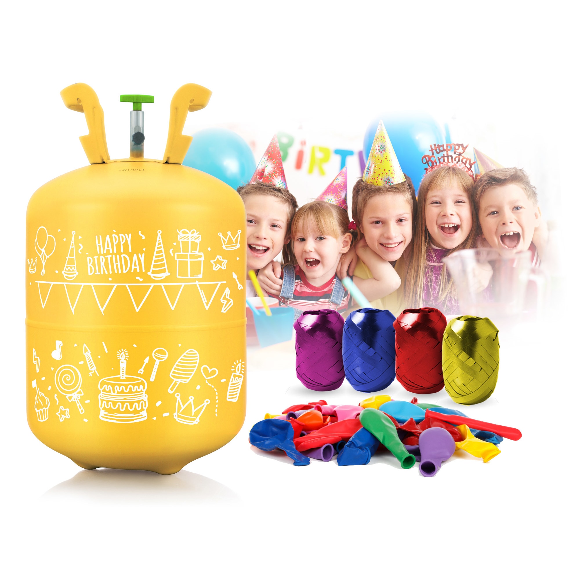 Set butelie cu heliu BALLON TIME idealSTORE, Capacitate 0,42 m3 cu reductor, Include 50 baloane colorate, 60 m panglica decorativa, ambalaje colorate