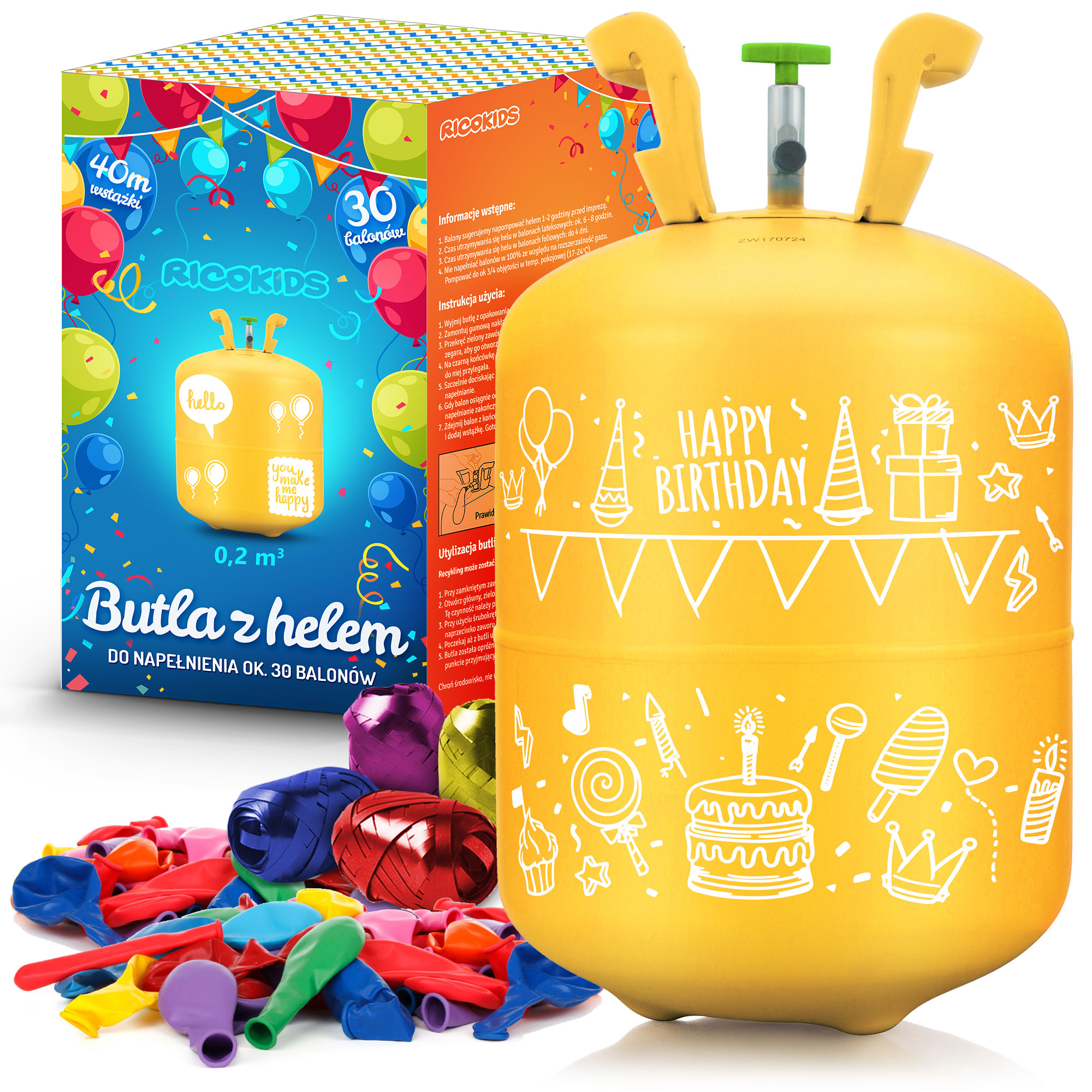 Set butelie cu heliu BALLON TIME idealSTORE, Capacitate 0,42 m3 cu reductor, Include 50 baloane colorate, 60 m panglica decorativa, ambalaje colorate