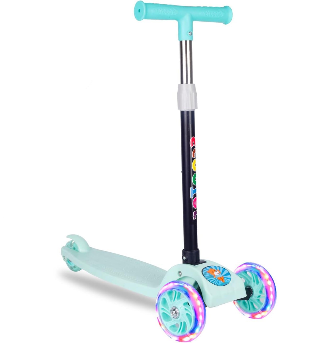 Trotineta copii PROCART, ghidon ajustabil pe inaltime, 3 roti LED multicolor, pliabila, verde