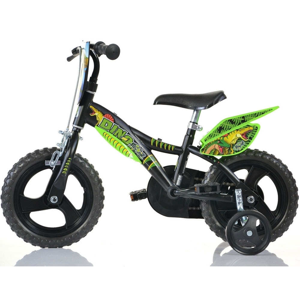 Bicicleta cu pedale Dino Bikes Dinozaur T-Rex, Cu roti ajutatoare, 12 inch, Pana la 40 kg, 3 ani+, Multicolor