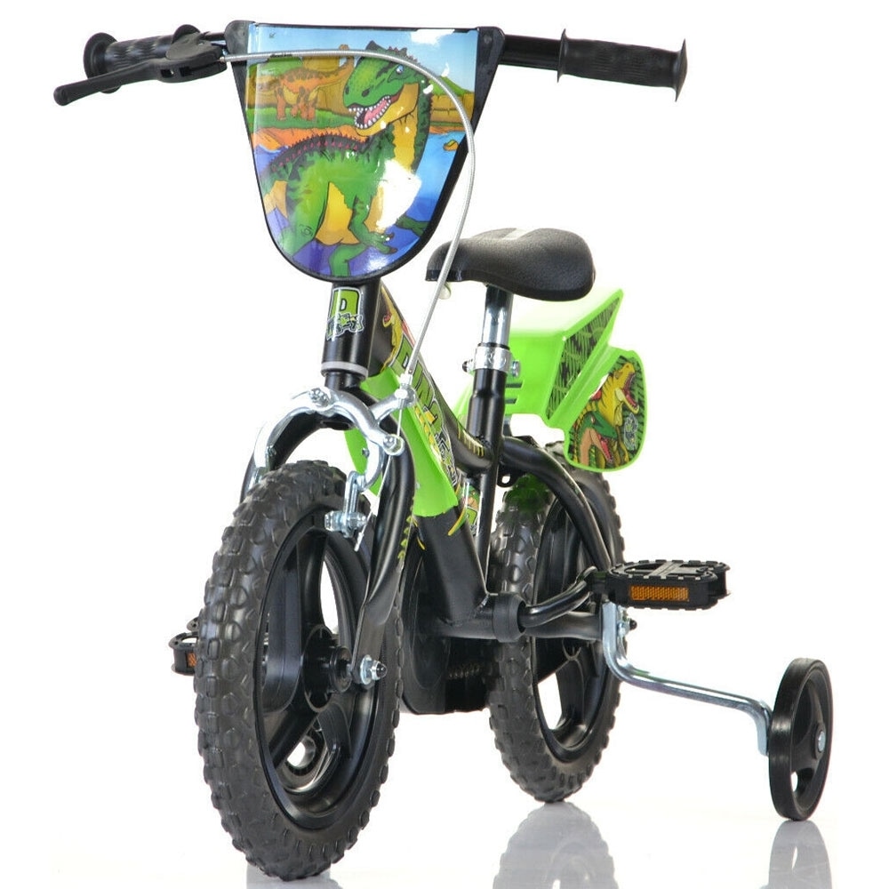 Bicicleta cu pedale Dino Bikes Dinozaur T-Rex, Cu roti ajutatoare, 12 inch, Pana la 40 kg, 3 ani+, Multicolor