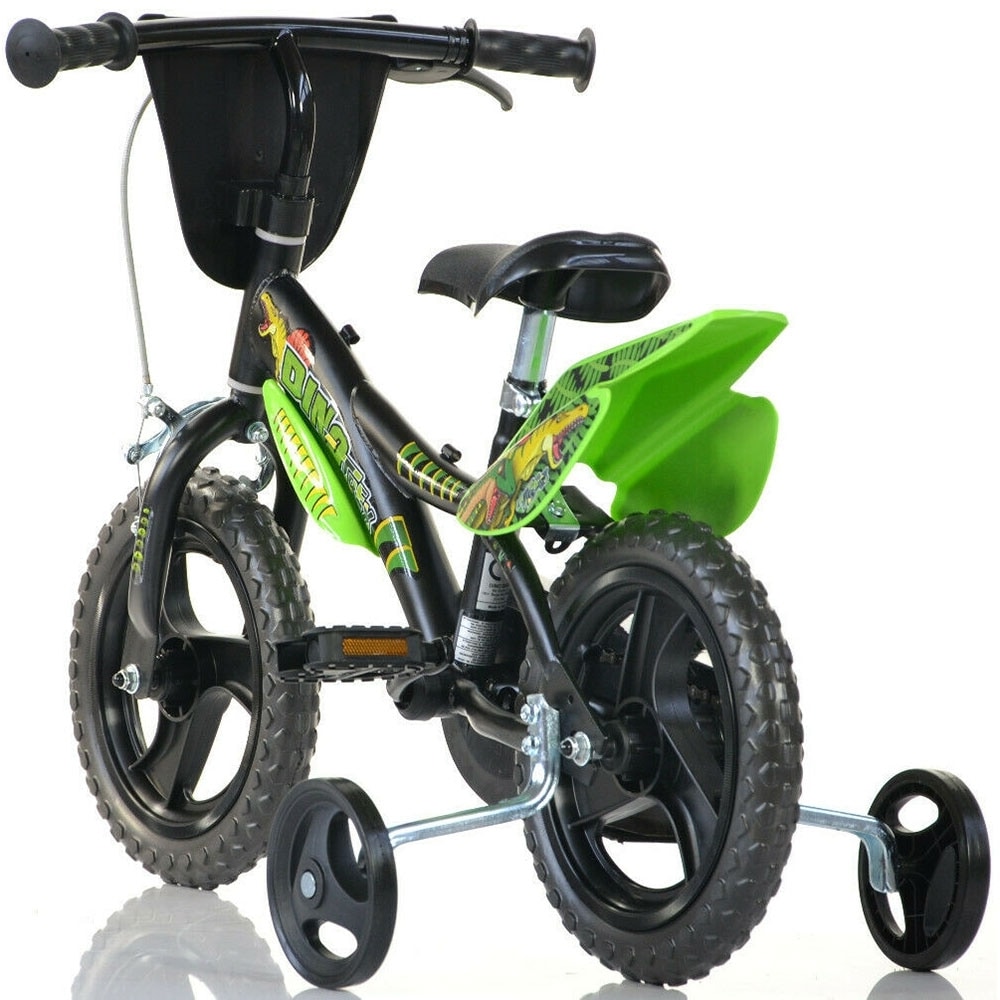 Bicicleta cu pedale Dino Bikes Dinozaur T-Rex, Cu roti ajutatoare, 12 inch, Pana la 40 kg, 3 ani+, Multicolor