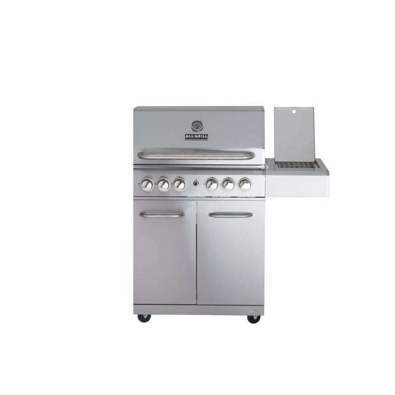 Gratar pe gaz din inox ALL'GRILL Allrounder L 100304, cu 4.1 arzatoare si arzator ceramic pentru rotisor, suprafata de gatit 71 x 46 cm, Argintiu