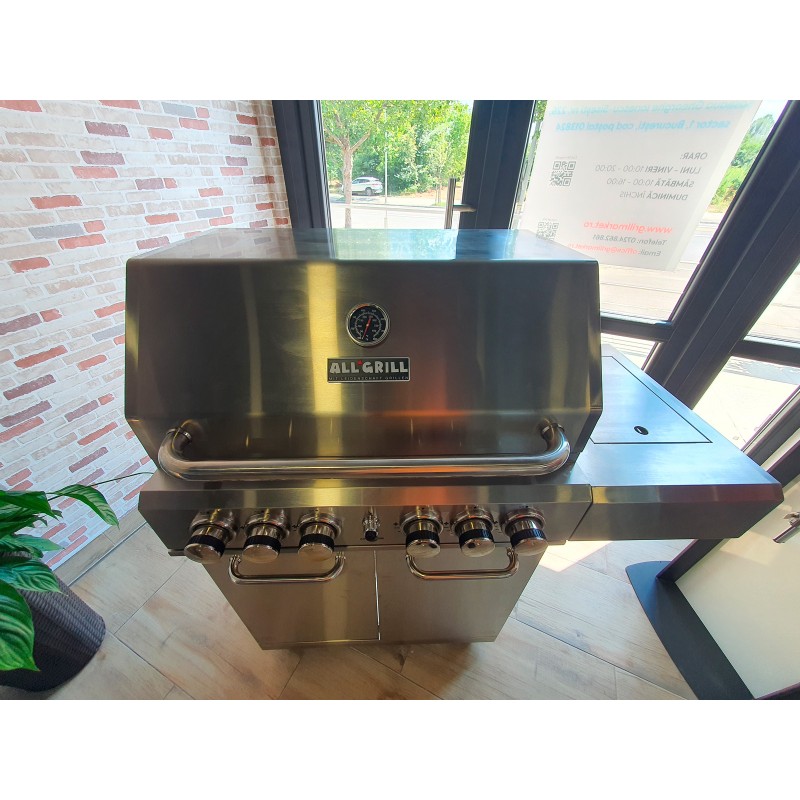 Gratar pe gaz din inox ALL'GRILL Allrounder L 100304, cu 4.1 arzatoare si arzator ceramic pentru rotisor, suprafata de gatit 71 x 46 cm, Argintiu