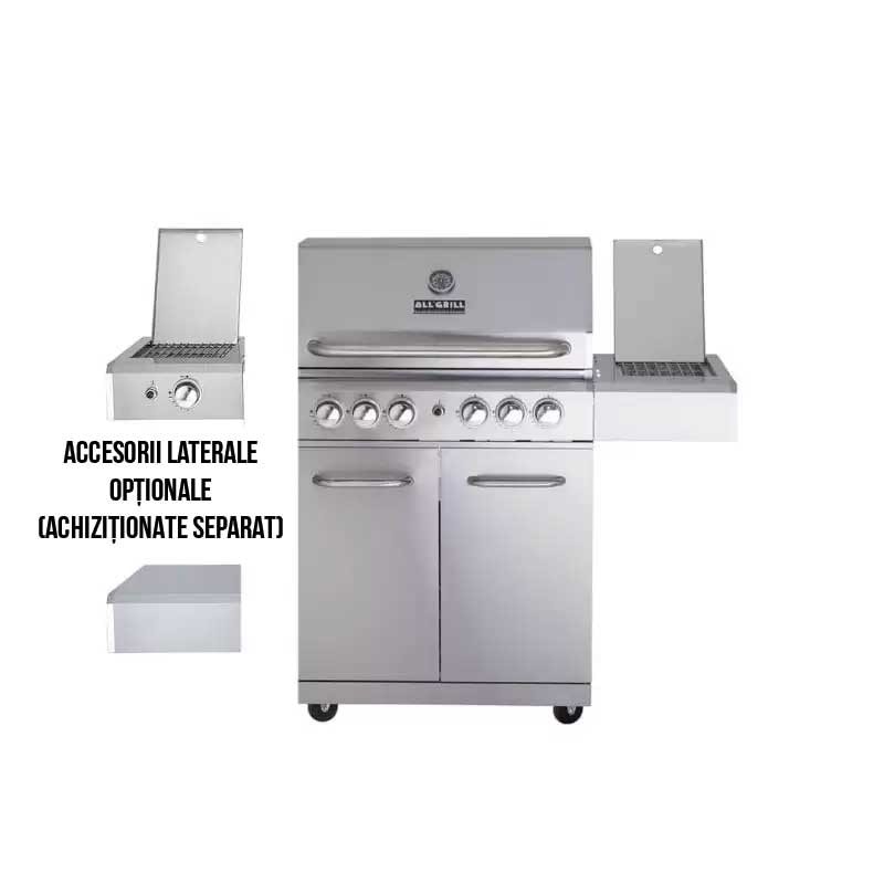 Gratar pe gaz din inox ALL'GRILL Allrounder L 100304, cu 4.1 arzatoare si arzator ceramic pentru rotisor, suprafata de gatit 71 x 46 cm, Argintiu