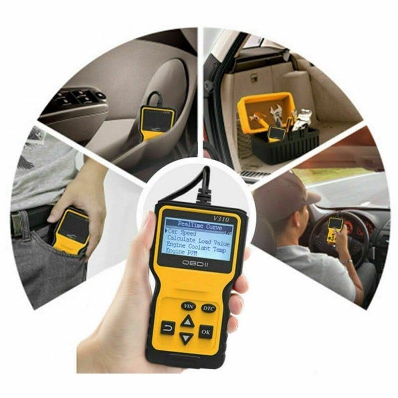 Dispozitiv de diagnosticare si scanare auto Techstar V310, OBD2, Citire/ Stergere coduri de eroare, Ecran LCD, ABS/ESP/SRS, Universal, Galben/Negru