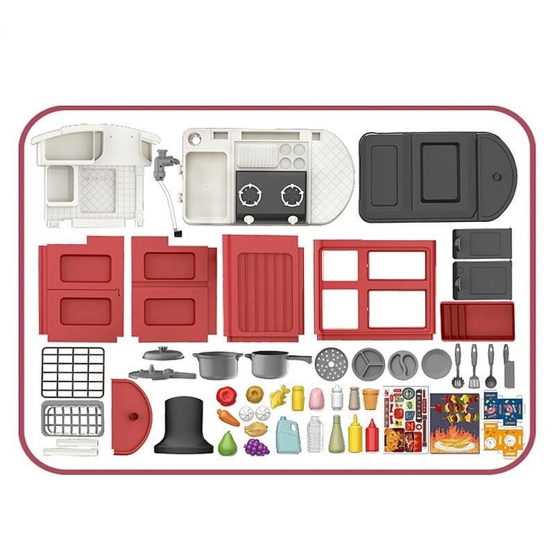 Bucatarie copii PROCART, abur rece, robinet pompa apa, accesorii gatit si alimente, 61x56x25.5 cm