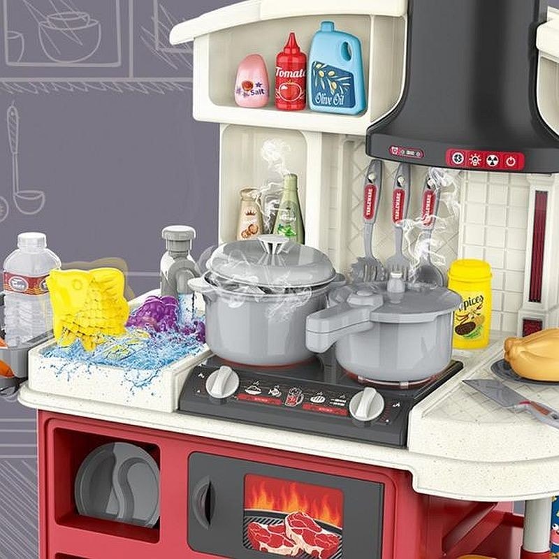 Bucatarie copii PROCART, abur rece, robinet pompa apa, accesorii gatit si alimente, 61x56x25.5 cm