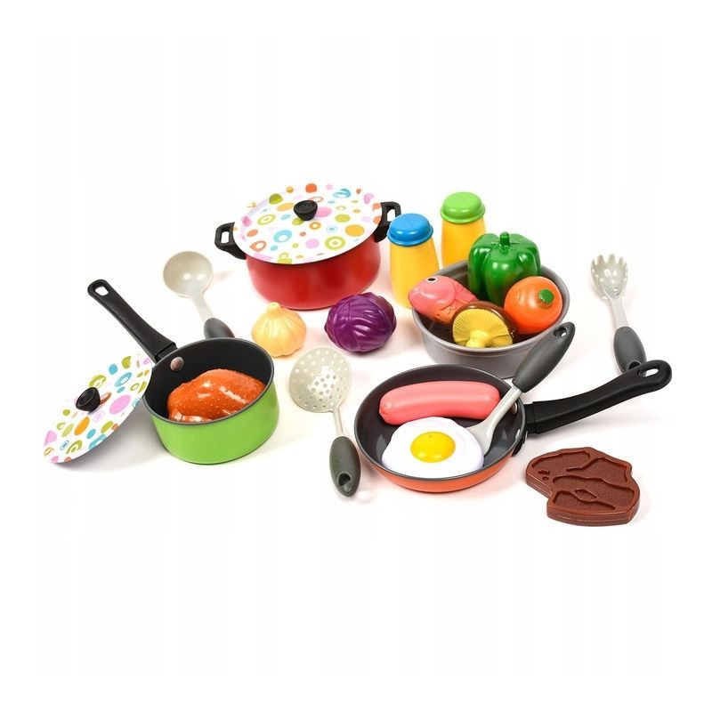 Set accesorii bucatarie copii PROCART, alimente, condimente, oale, ustensile, 3 ani+, 22 piese, multicolor