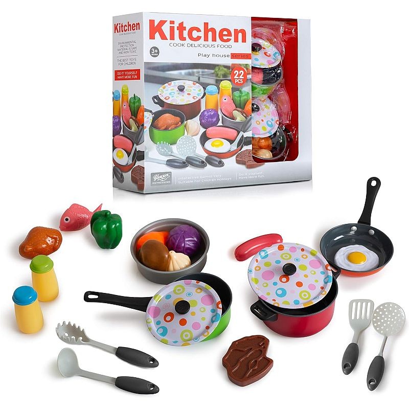 Set accesorii bucatarie copii PROCART, alimente, condimente, oale, ustensile, 3 ani+, 22 piese, multicolor