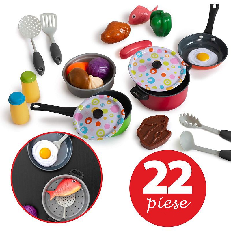 Set accesorii bucatarie copii PROCART, alimente, condimente, oale, ustensile, 3 ani+, 22 piese, multicolor