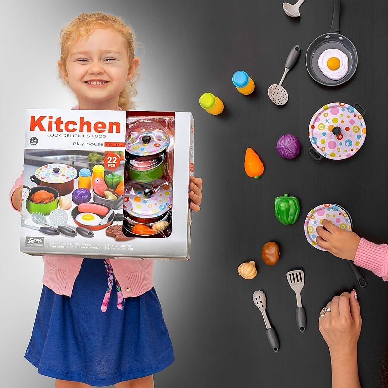 Set accesorii bucatarie copii PROCART, alimente, condimente, oale, ustensile, 3 ani+, 22 piese, multicolor