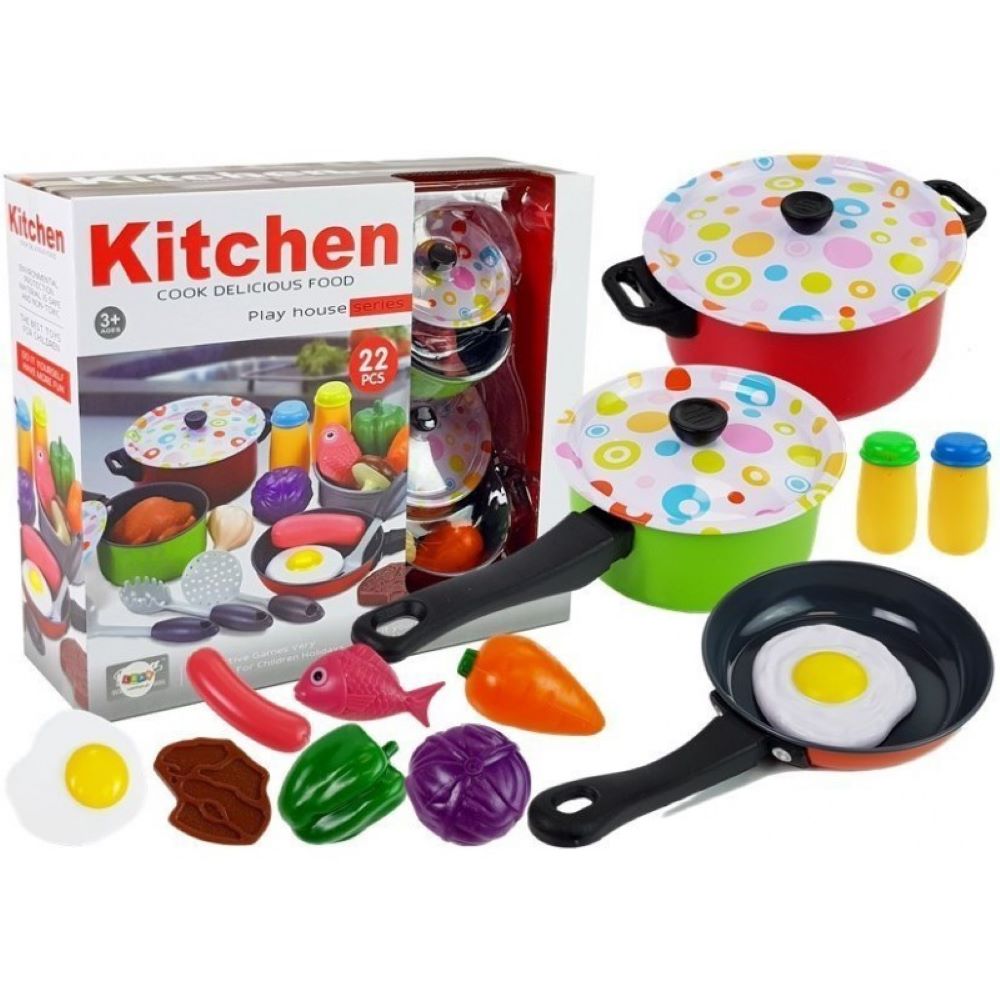 Set accesorii bucatarie copii PROCART, alimente, condimente, oale, ustensile, 3 ani+, 22 piese, multicolor