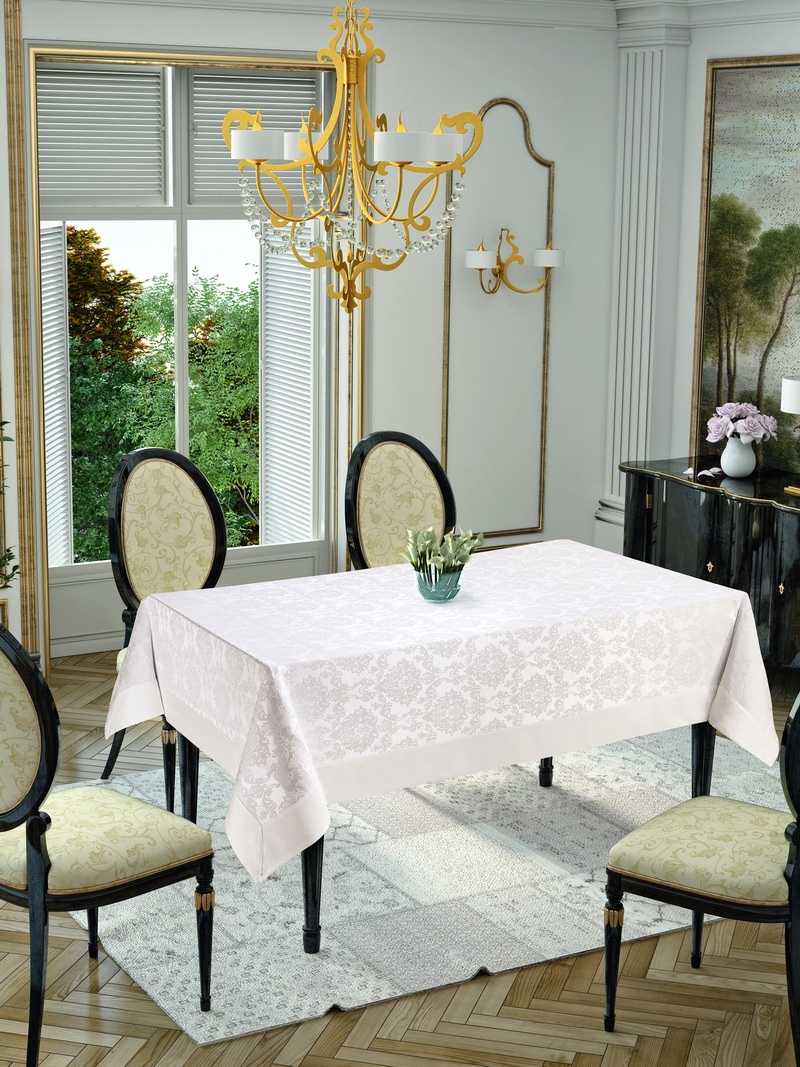 Fata de masa Valentini Bianco, model brocard de lux, dreptunghiulara, 160x260cm, alb