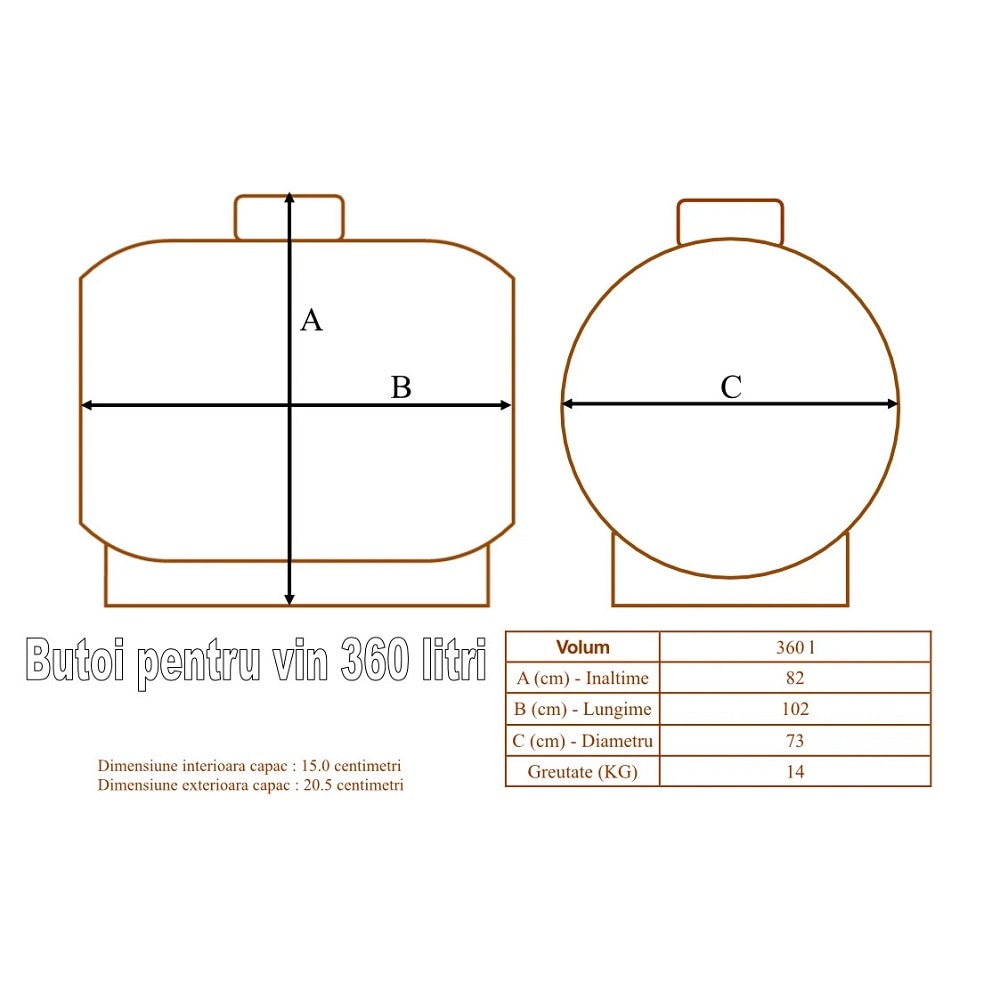 Butoi plastic alimentar, inchidere etansa, garnitura de cauciuc, capac filetat, canea pentru golire, aerisitor, 360 litri, 102 x 73 x 82 cm, maro