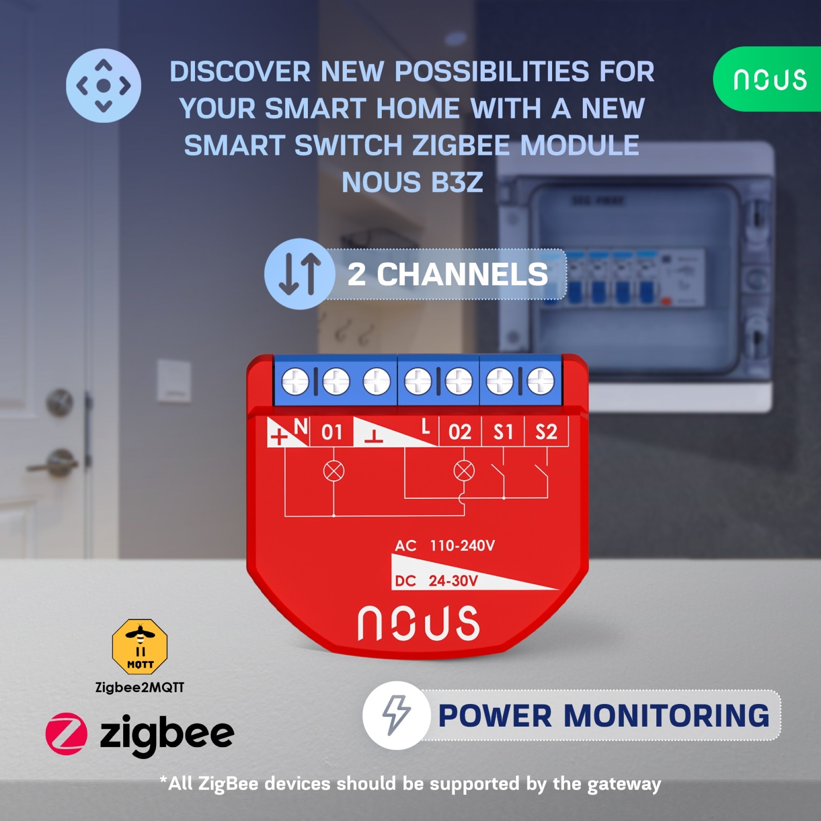 Releu inteligent Nous B3Z, 16A, ZigBee, 2 canal PM, Monitorizare energie