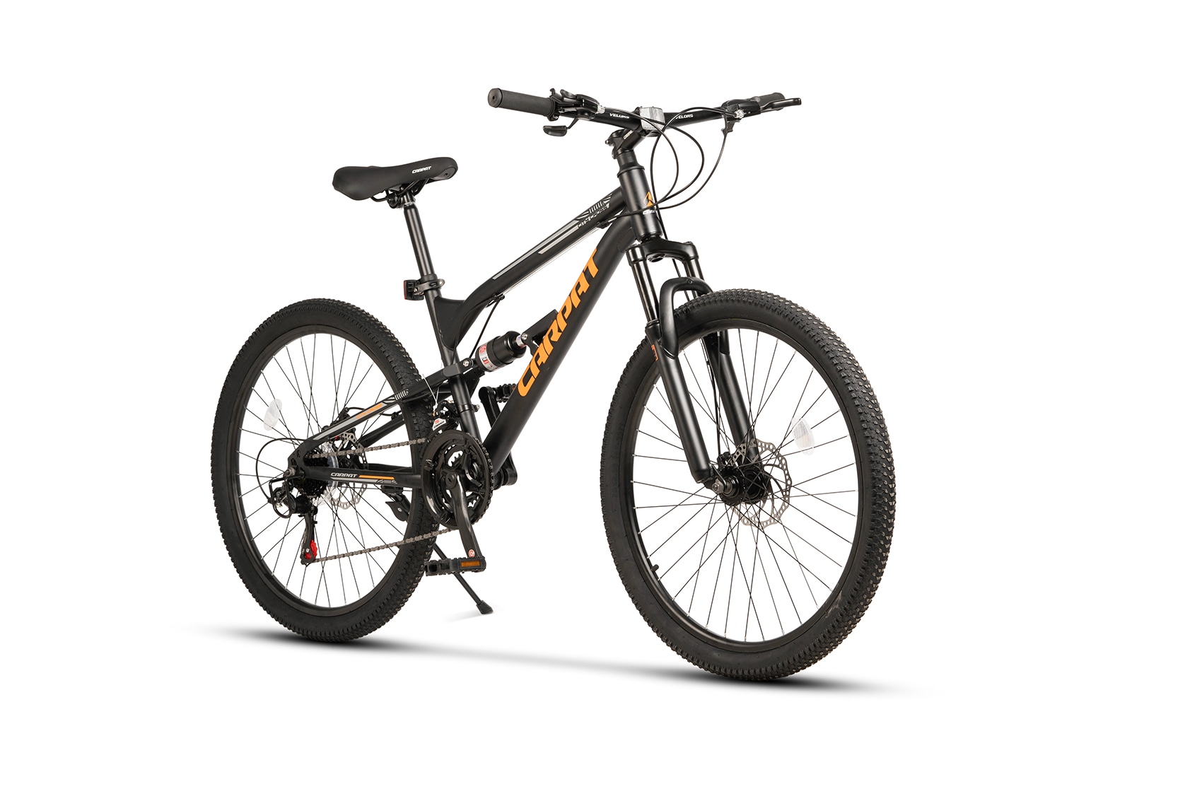 Bicicleta MTB de munte Carpat City Cross JSX26207, echipare Shimano, suspensie fata/spate Genius, roata 26 inch, frane pe disc, 21 viteze, negru cu portocaliu
