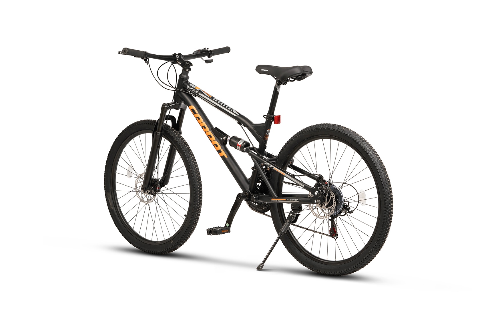 Bicicleta MTB de munte Carpat City Cross JSX26207, echipare Shimano, suspensie fata/spate Genius, roata 26 inch, frane pe disc, 21 viteze, negru cu portocaliu