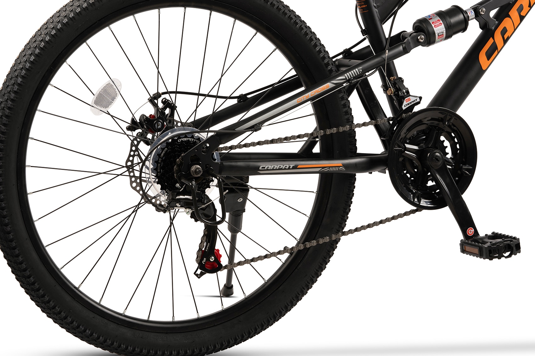 Bicicleta MTB de munte Carpat City Cross JSX26207, echipare Shimano, suspensie fata/spate Genius, roata 26 inch, frane pe disc, 21 viteze, negru cu portocaliu