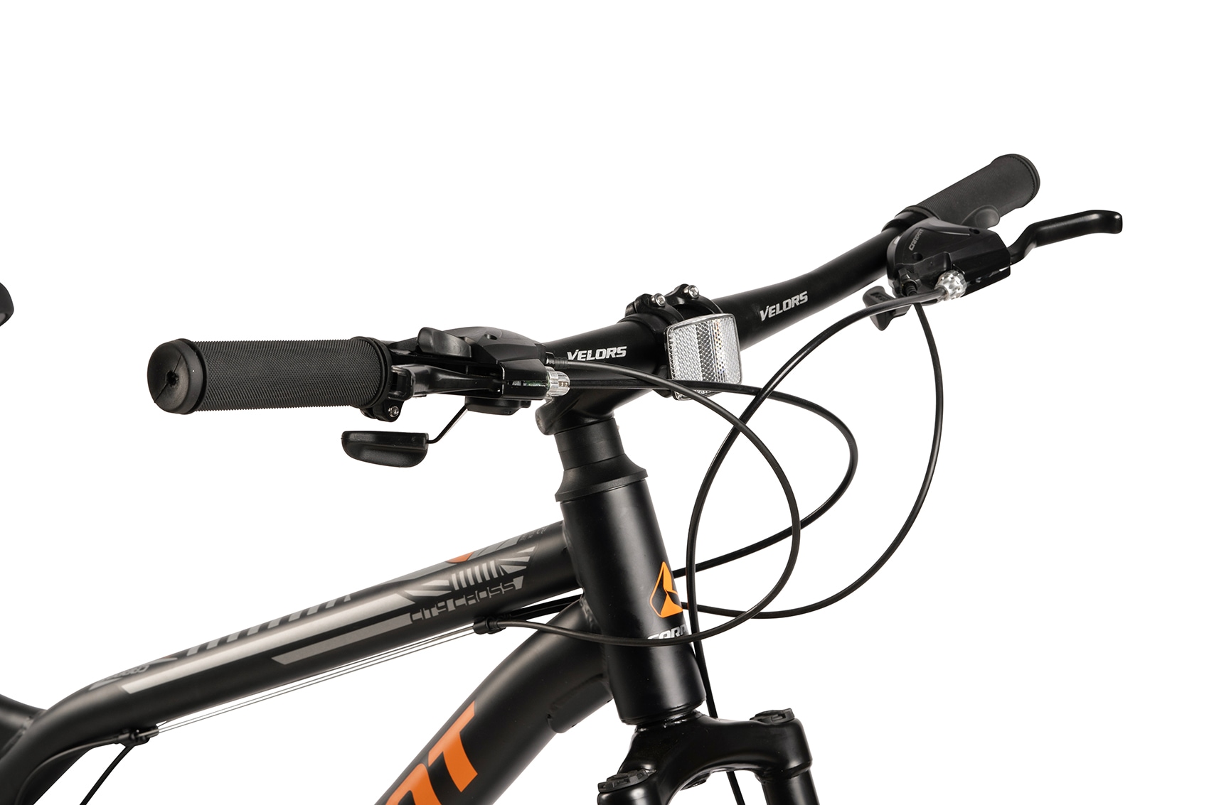 Bicicleta MTB de munte Carpat City Cross JSX26207, echipare Shimano, suspensie fata/spate Genius, roata 26 inch, frane pe disc, 21 viteze, negru cu portocaliu