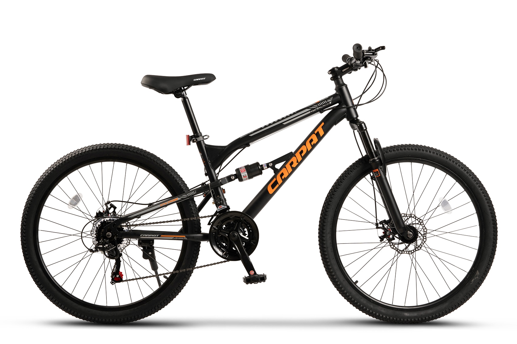 Bicicleta MTB de munte Carpat City Cross JSX26207, echipare Shimano, suspensie fata/spate Genius, roata 26 inch, frane pe disc, 21 viteze, negru cu portocaliu