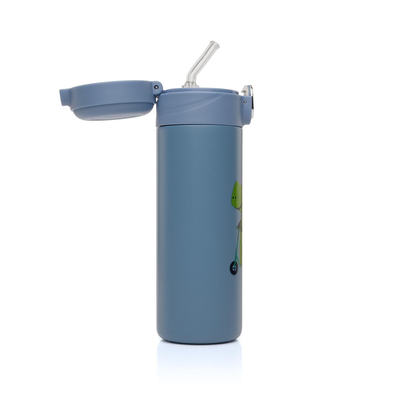 Sticla de baut Reer, Cu pai din silicon, Pentru copii, Din otel inoxidabil, 350 ml, albastru