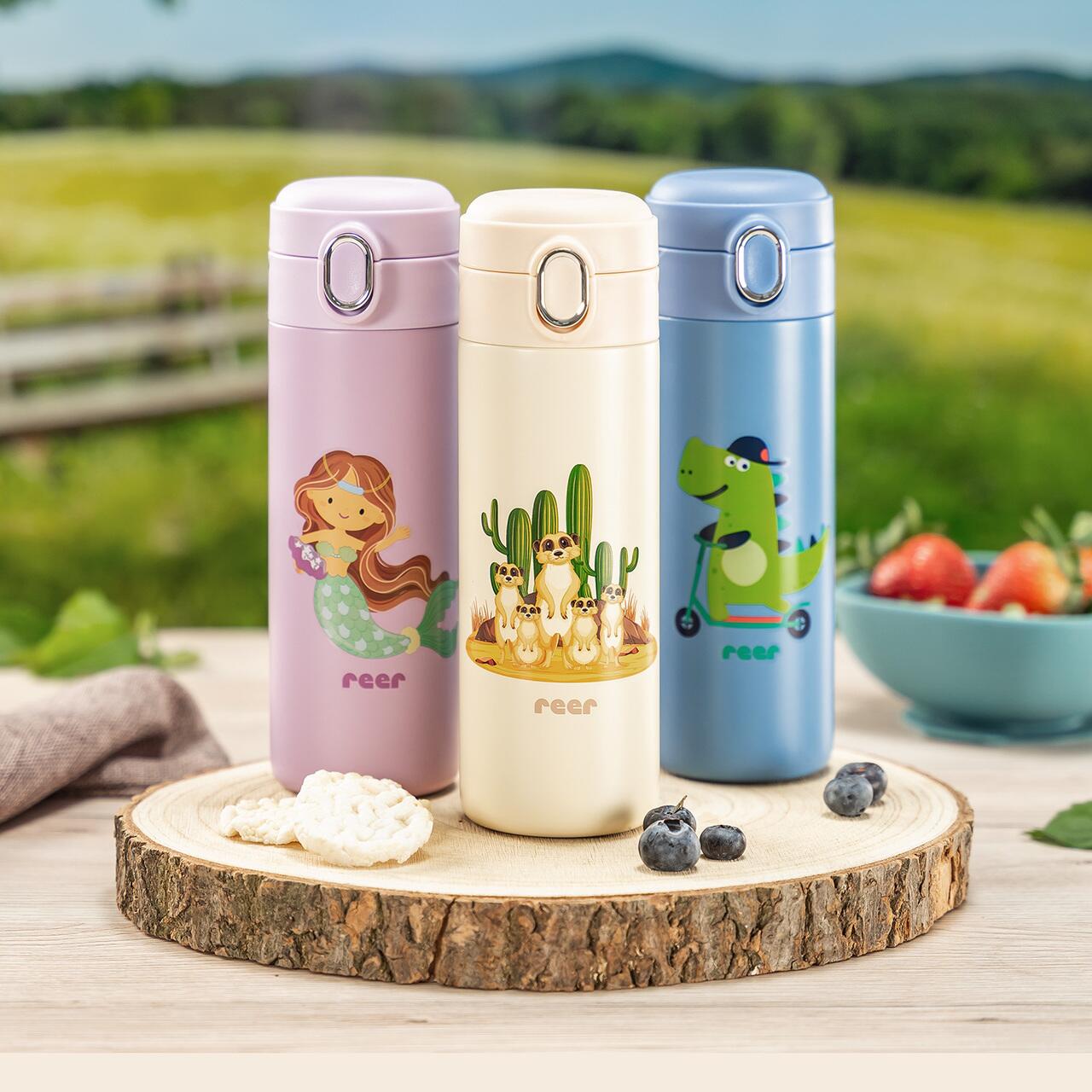 Sticla de baut Reer, Cu pai din silicon, Pentru copii, Din otel inoxidabil, 350 ml, alb/crem