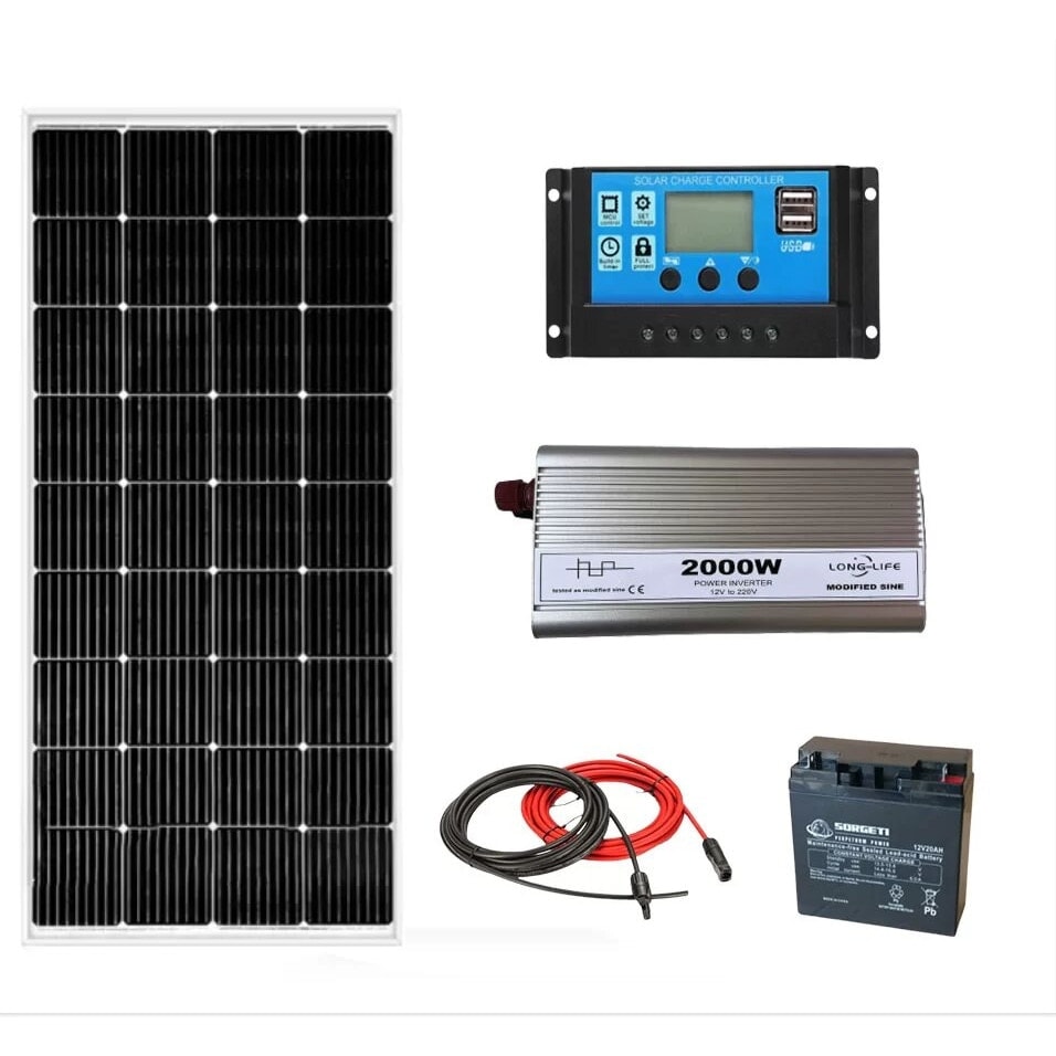 Kit solar fotovoltaic off grid Solid Volt, invertor 2000W 12V, panou solar 120W, regulator 30A, baterie solara 20Ah AGM si 20 m cablu solar
