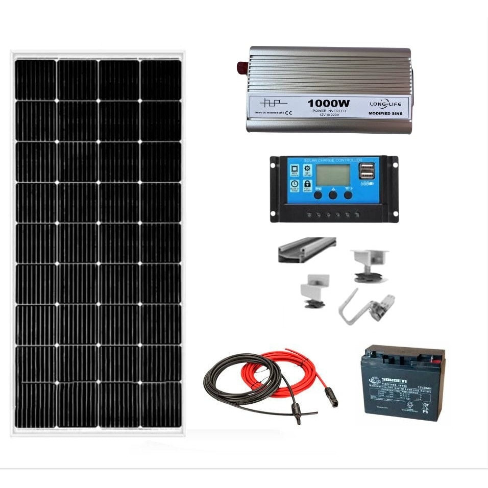 Kit fotovoltaic off grid Solid Volt, invertor 1000W 12V, panou 200W, regulator 30A, baterie solara 20Ah AGM, structura prindere panouri si 20 m cablu solar cabana, rulota, casa