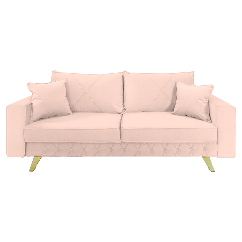 Canapea extensibila Jaky Alisson, cu lada de depozitare si picioare aurii, catifea, roz pal, 230x105x80 cm