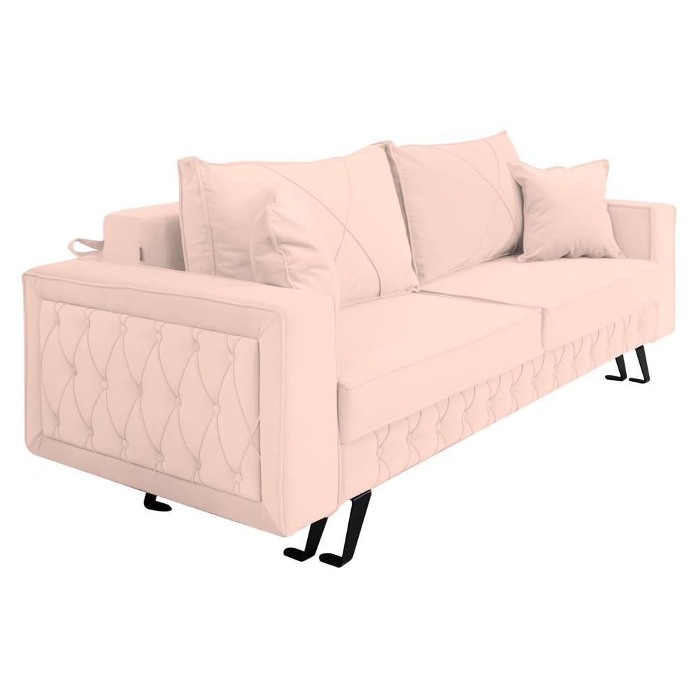 Canapea extensibila Jaky Alisson, cu lada de depozitare si picioare negre, catifea, roz pal, 230x105x80 cm