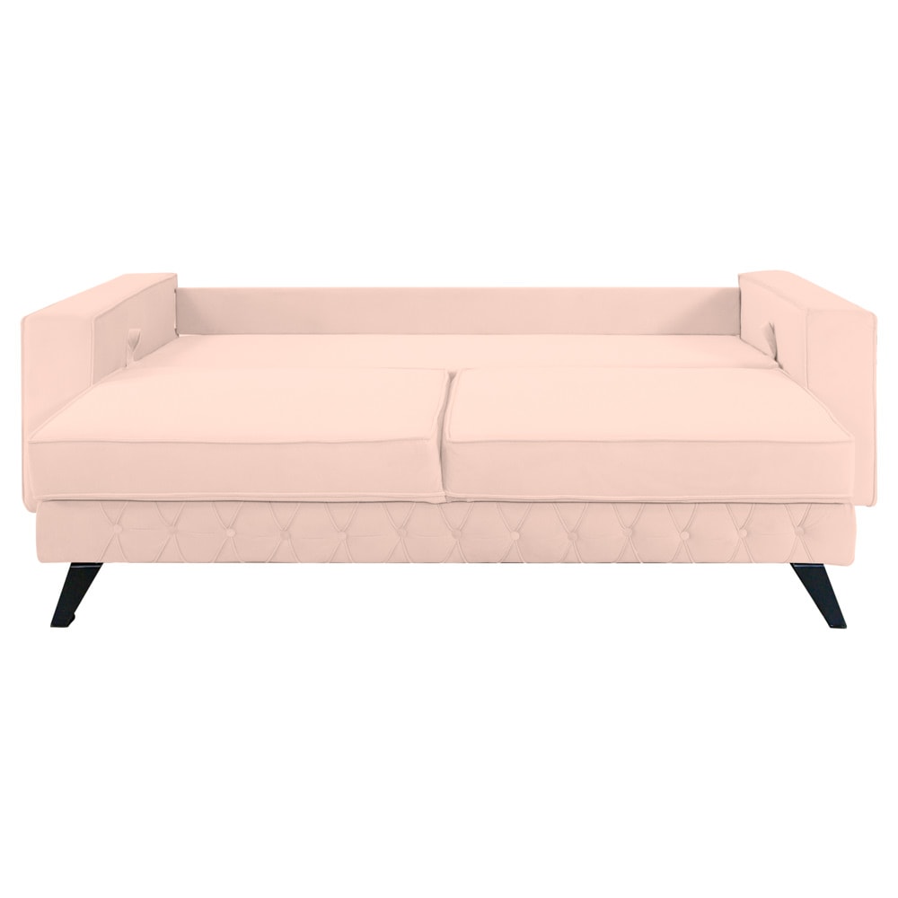 Canapea extensibila Jaky Alisson, cu lada de depozitare si picioare negre, catifea, roz pal, 230x105x80 cm