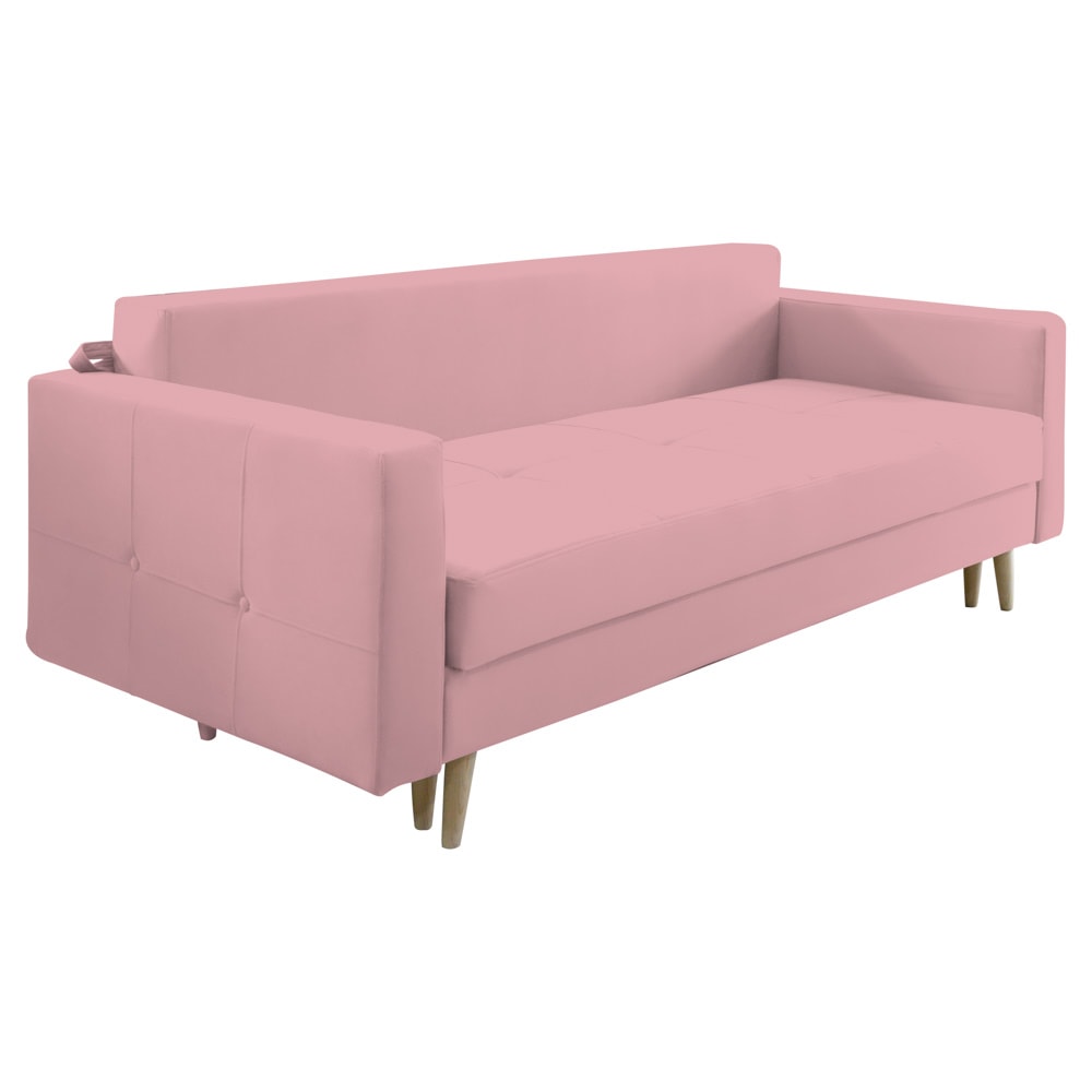 Canapea extensibila Jaky Sofia, cu lada de depozitare si picioare de lemn, catifea, roz pudra, 220x90x80 cm
