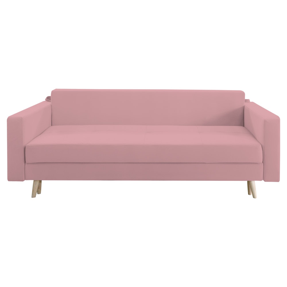 Canapea extensibila Jaky Sofia, cu lada de depozitare si picioare de lemn, catifea, roz pudra, 220x90x80 cm