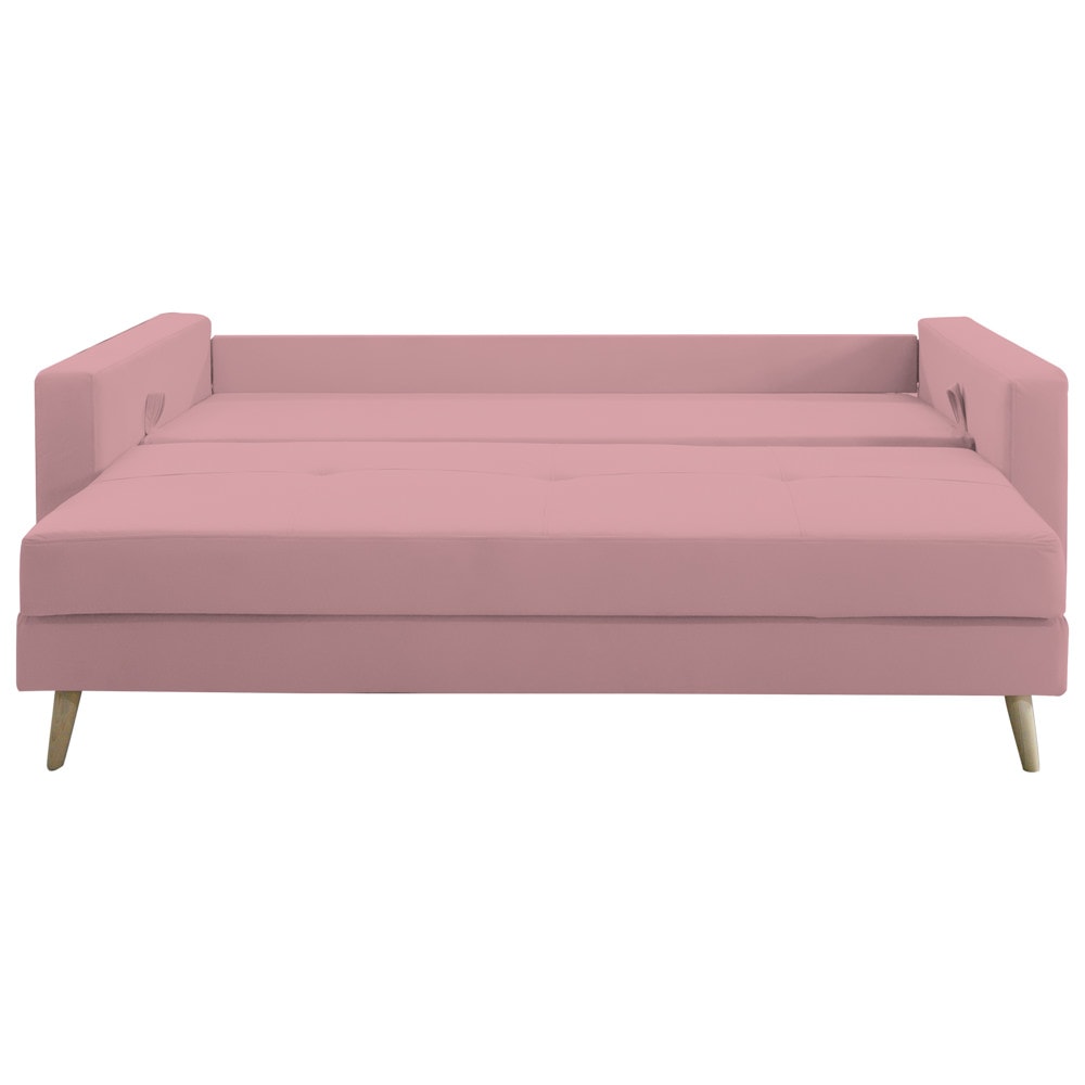 Canapea extensibila Jaky Sofia, cu lada de depozitare si picioare de lemn, catifea, roz pudra, 220x90x80 cm