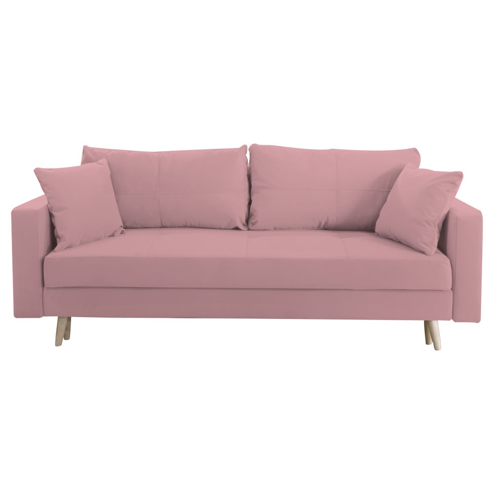Canapea extensibila Jaky Sofia, cu lada de depozitare si picioare de lemn, catifea, roz pudra, 220x90x80 cm