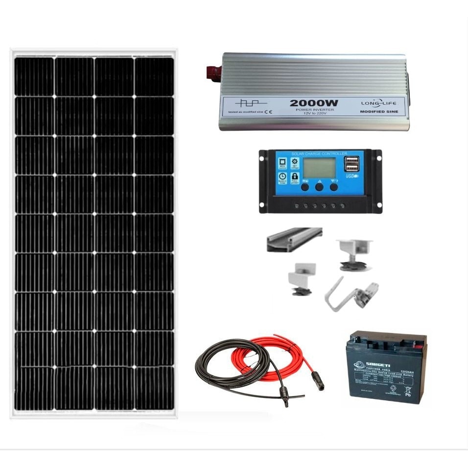 Kit fotovoltaic off grid Solid Volt, invertor 2000W 12V, panou solar 180W, regulator 30A, baterie 20Ah AGM, structura prindere panouri si 20 m cablu solar 
