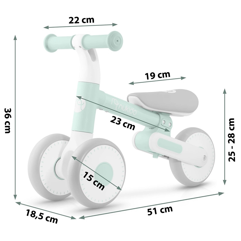 Bicicleta de echilibru, cadru durabil din otel, stabil, scaun moale, din spuma, inaltime reglabila, 25-28 cm, 3 roti din spuma EVA, menta si alb