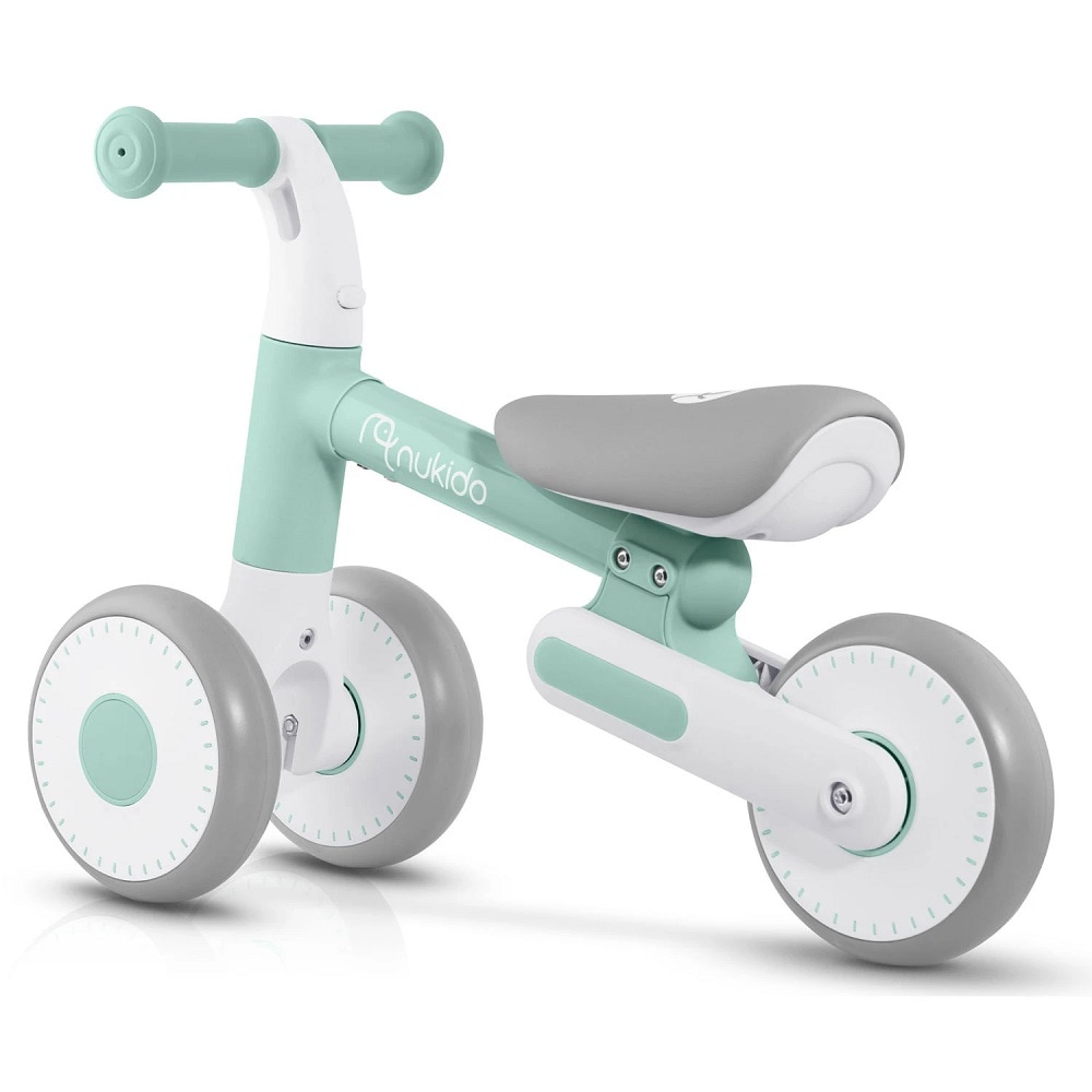 Bicicleta de echilibru, cadru durabil din otel, stabil, scaun moale, din spuma, inaltime reglabila, 25-28 cm, 3 roti din spuma EVA, menta si alb