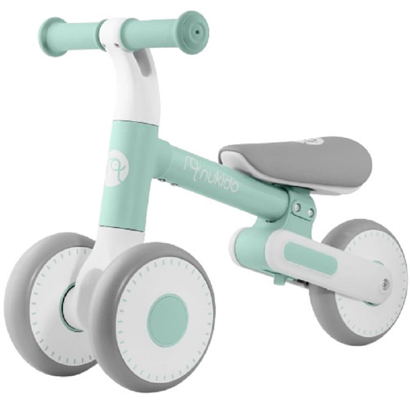 Bicicleta de echilibru, cadru durabil din otel, stabil, scaun moale, din spuma, inaltime reglabila, 25-28 cm, 3 roti din spuma EVA, menta si alb