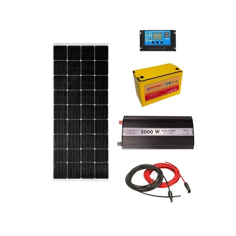 Kit  fotovoltaic off grid Solid Volt, invertor 2000W 12V, panou solar 180W, regulator 30A, baterie solara 105Ah AGM si 20 m cablu solar cabana, rulota, casa