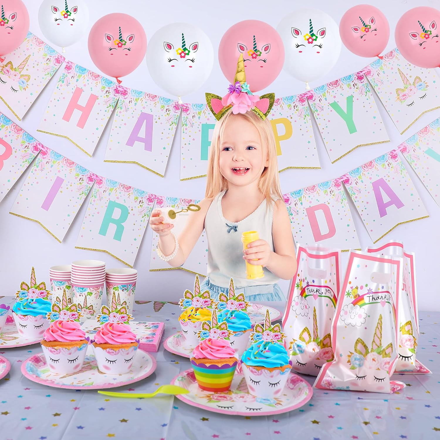 Set de baloane si accesorii petrecere aniversara, Simply Joy, 164 Piese, Tematica Unicorn, Baloane, Banner Happy Birthday, Decor pentru tort, Vesela, Roz