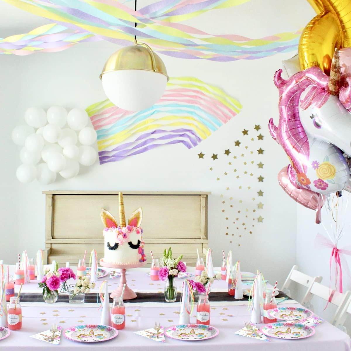 Set de baloane si accesorii petrecere aniversara, Simply Joy, 164 Piese, Tematica Unicorn, Baloane, Banner Happy Birthday, Decor pentru tort, Vesela, Roz